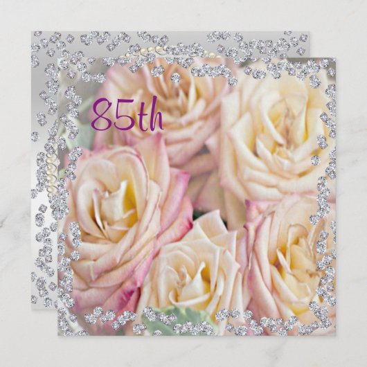 絶妙なバラ&ダイヤモンド85誕生日 招待状 (正面/裏面)