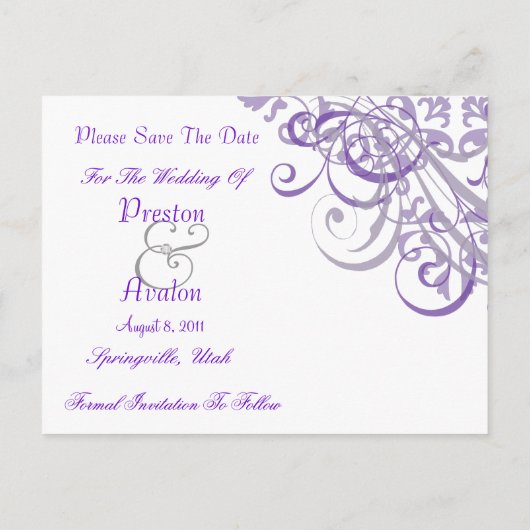 絶妙なバロックの日付の紫のはがきを保存 案内ポストカード (裏面)