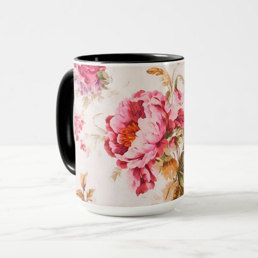 絶妙なピンクとオレンジの花。みすぼらしいシック マグカップ (正面左)