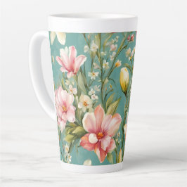 絶妙なピンクと黄色のマグノリアと白い花 カフェラテマグ