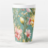 絶妙なピンクと黄色のマグノリアと白い花 カフェラテマグ (正面)