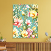 絶妙なピンクと黄色のマグノリアと白い花 キャンバスプリント (インサイチュ (リビング))