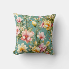 絶妙なピンクと黄色のマグノリアと白い花 クッション