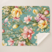 絶妙なピンクと黄色のマグノリアと白い花 シェルパブランケット (正面(横))