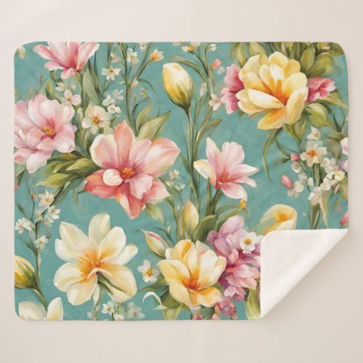 絶妙なピンクと黄色のマグノリアと白い花 シェルパブランケット (正面(横))