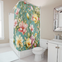絶妙なピンクと黄色のマグノリアと白い花 シャワーカーテン