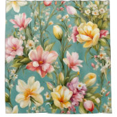 絶妙なピンクと黄色のマグノリアと白い花 シャワーカーテン (正面)