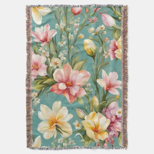 絶妙なピンクと黄色のマグノリアと白い花 スローブランケット (正面縦)