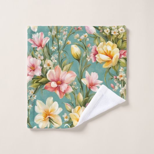 絶妙なピンクと黄色のマグノリアと白い花 バスタオルセット (ウォッシュタオル)