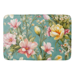 絶妙なピンクと黄色のマグノリアと白い花 バスマット