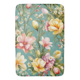 絶妙なピンクと黄色のマグノリアと白い花 バスマット