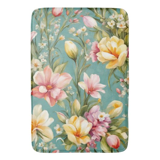 絶妙なピンクと黄色のマグノリアと白い花 バスマット (正面縦)