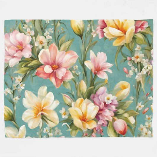 絶妙なピンクと黄色のマグノリアと白い花 フリースブランケット (正面(横))