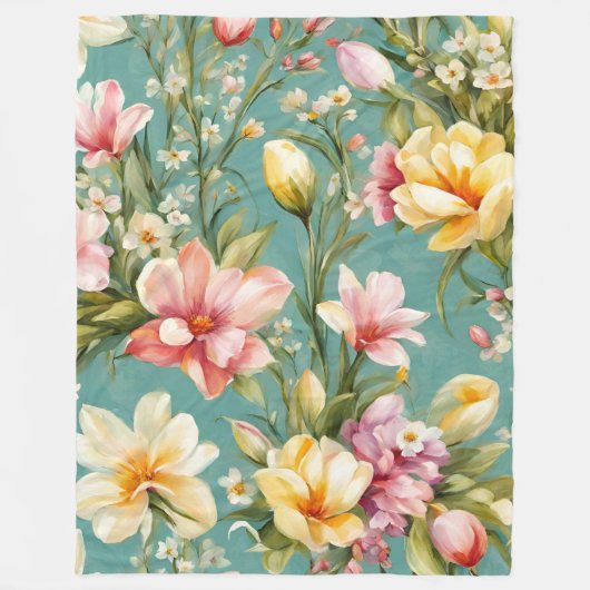 絶妙なピンクと黄色のマグノリアと白い花 フリースブランケット (正面)