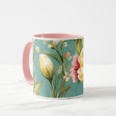 絶妙なピンクと黄色のマグノリアと白い花 マグカップ (正面左)