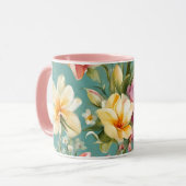 絶妙なピンクと黄色のマグノリアと白い花 マグカップ (正面左)
