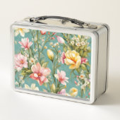 絶妙なピンクと黄色のマグノリアと白い花 メタルランチボックス (裏面)