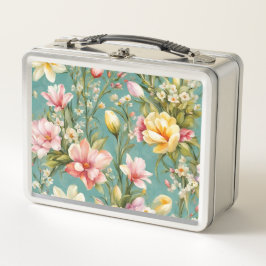 絶妙なピンクと黄色のマグノリアと白い花 メタルランチボックス