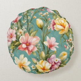 絶妙なピンクと黄色のマグノリアと白い花 ラウンドクッション