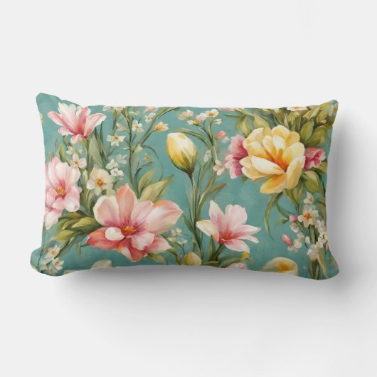 絶妙なピンクと黄色のマグノリアと白い花 ランバークッション (正面)