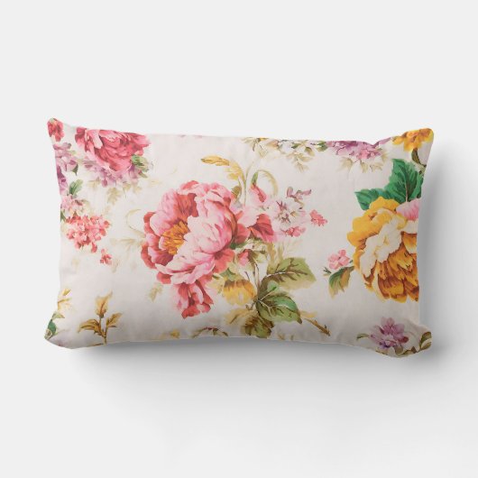 絶妙なピンクと黄色の花。みすぼらしいシック ランバークッション (裏面)