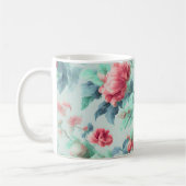 絶妙なピンクのクラレットの花、緑の青離れい花 コーヒーマグカップ (左)