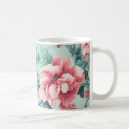 絶妙なピンクのクラレットの花、緑の青離れい花 コーヒーマグカップ