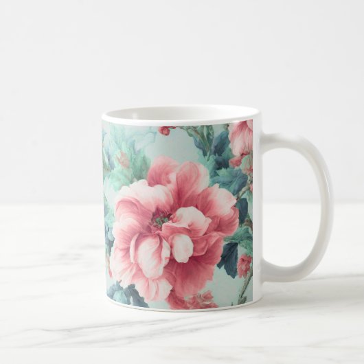 絶妙なピンクのクラレットの花、緑の青離れい花 コーヒーマグカップ (右)