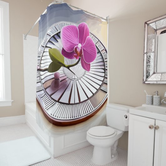 絶妙なピンクオーキッドレストオンシルバープレート シャワーカーテン (インサイチュ)
