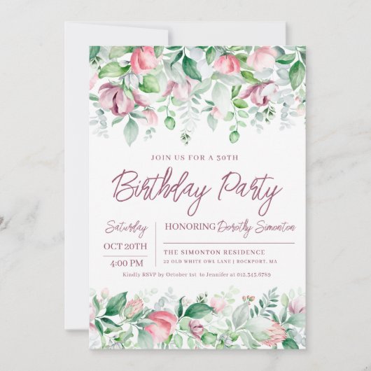 絶妙なピンクマウヴフローラ30歳の誕生日 招待状 (正面)