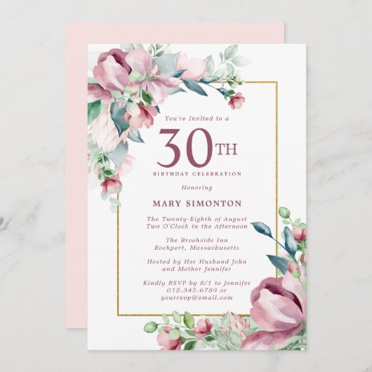 絶妙なピンクローズフローラ30歳の誕生日 招待状 (正面/裏面)