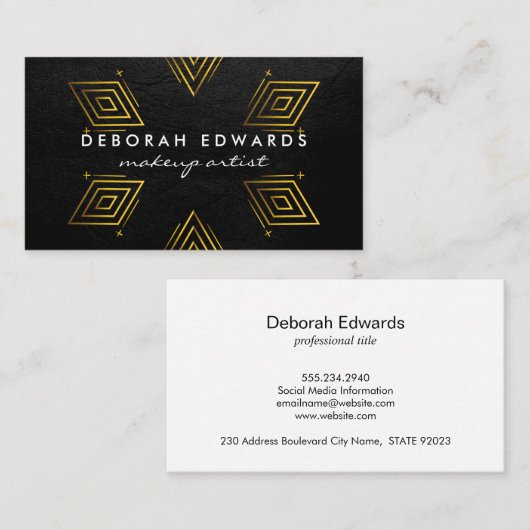 絶妙なブラックレザー | 金ゴールド幾何学的パターン 名刺 (正面/裏面)