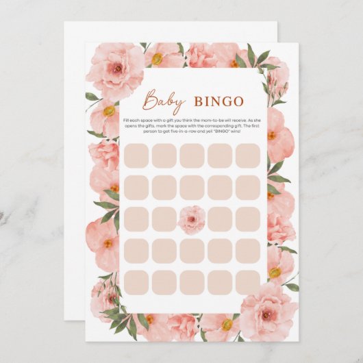 絶妙な桃フローラ赤ちゃんシャワーBINGOカード 招待状 (正面/裏面)