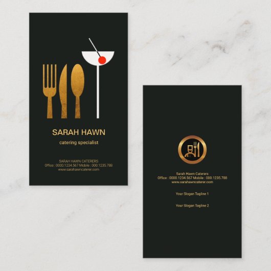 絶妙な汚れの金ゴールドの食事用器具類のマルティーニガラスのサービス係 名刺 (正面/裏面)
