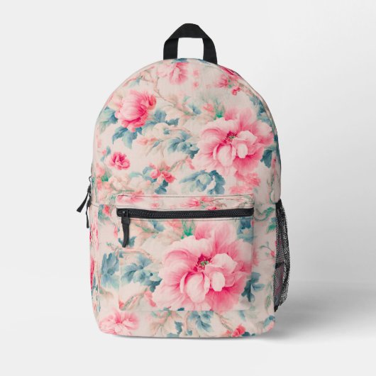 絶妙な穏やかなピンクの花と離れcerulean プリントバックパック (正面)
