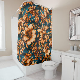 絶妙な豪華な黄金の花、青離れの上の シャワーカーテン