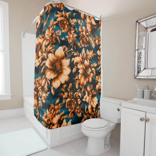 絶妙な豪華な黄金の花、青離れの上の シャワーカーテン (インサイチュ)