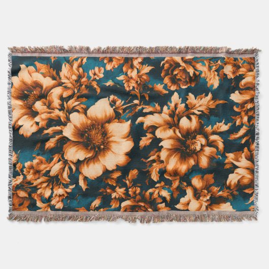 絶妙な豪華な黄金の花、青離れの上の スローブランケット (正面)