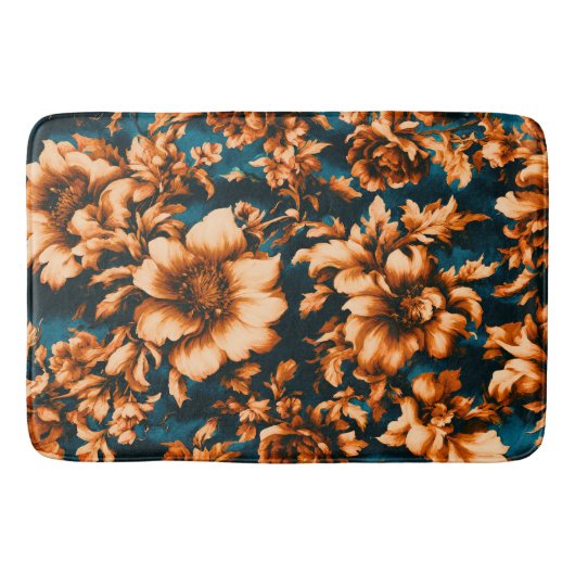 絶妙な豪華な黄金の花、青離れの上の バスマット (正面)