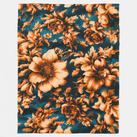 絶妙な豪華な黄金の花、青離れの上の フリースブランケット (正面)