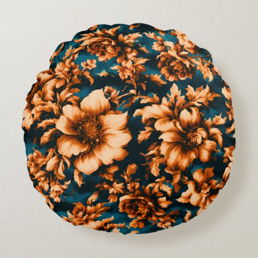 絶妙な豪華な黄金の花、青離れの上の ラウンドクッション (正面)