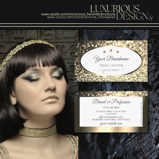 絶妙な金ゴールドきらめくグリッターホワイトと宝石 名刺