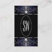 絶妙な黒と青の華美オーナメントイニシャル 名刺 (正面)
