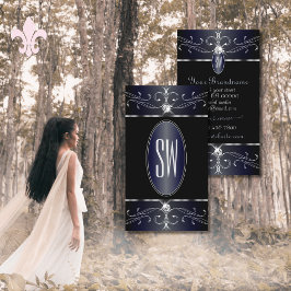 絶妙な黒と青の華美オーナメントイニシャル 名刺