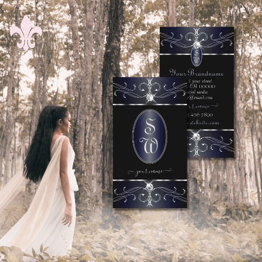 絶妙な黒と青の華美オーナメントモノグラム 名刺