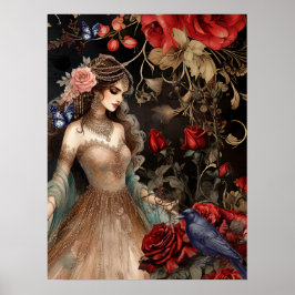 絶妙ダーク美しいレッドローゼス&レイヴン ポスター