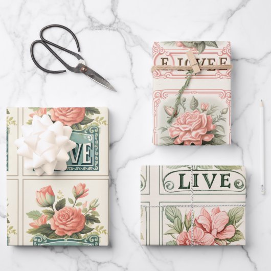 絶妙ピンクバレンタインヴィンテージフローラ ラッピングペーパーシート (正面)