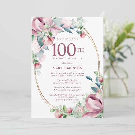 絶妙ピンクマウヴフローラ100誕生日 招待状 (スタンド正面)