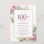 絶妙ピンクローズフローラ100誕生日 招待状 (正面/裏面)