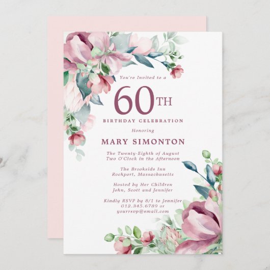 絶妙ピンクローズフローラ60誕生日 招待状 (正面/裏面)